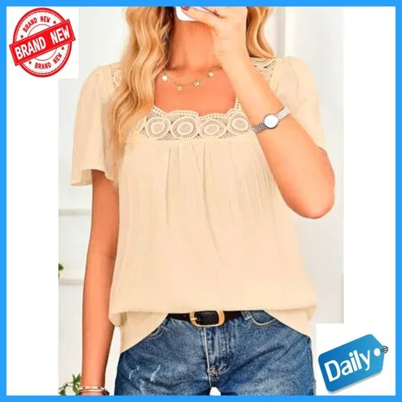 Girls Flowy Short Sleeve Peasant Top Lace Hem Textured Fabric